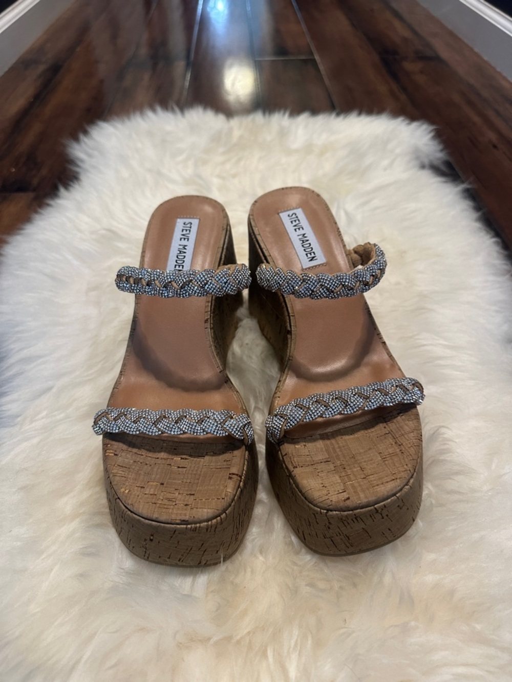 Steve Madden Tan Cork Platform Wedges with Braided Silver Straps, New